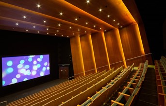 Firstsite cinema, showing rows of theatre style seating leading down to the big screen