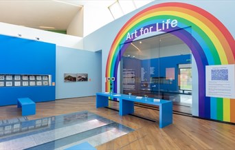The Art For Life exhibition in Firsite, including it's rainbow wall.