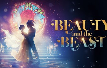 A silhouette of Beauty and the Beast dancing in front of a stained glass window featuring a prominent rose image.