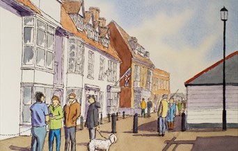 'A busy day on the Quay' line and wash by Mick Ives