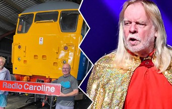 Prog rock legend Rick Wakeman, right,  will unveil the Radio Caroline locomotive at Mangapps, shown with John Jolly from Mangapps and Caroline’s Ray C