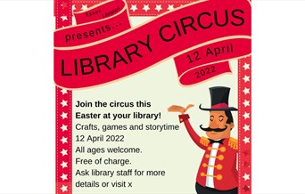 Poster advertising Circus Library with a cartoon ringmaster