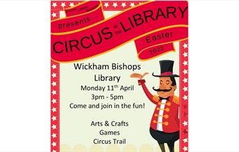 Poster of circus at the library with a cartoon ringmaster