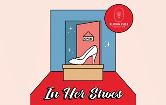 In her shoes - an illustration of a white stilletto by a door with an 'open' sin hanging on it.