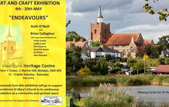 Yellow poster for art exhibition alongside photo of St Mary's church behind the Promenade Park ornamental lake