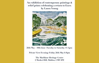 Poster for Laura Young exhibition featuring river scene in greens and yellows
