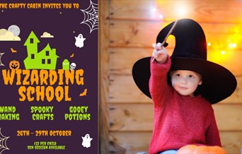 Wizarding School poster with child with magic wand and witches hat on