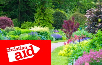 Beautiful garden with Christian Aid logo