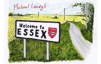 Michael Landy's Welcome to Essex sign on country road. Ink on paper drawing