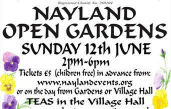 Nayland Open Gardens text with purple and yellow pansies.