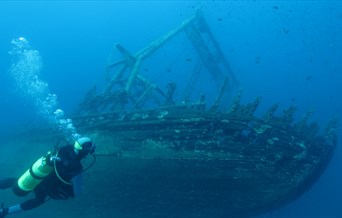 A diver exploring a sunken ship