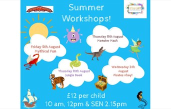 Summer workshops poster with cartoon clouds, sun, tiger, treasure chest and a mermaid