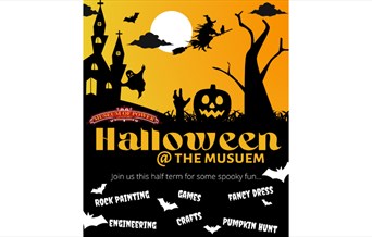 Halloween poster with silhouette of house, pumpkin, tree and ghost on orange background