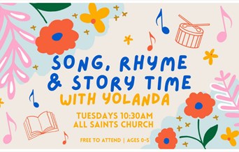 Cartoon flowers, music notes, and books