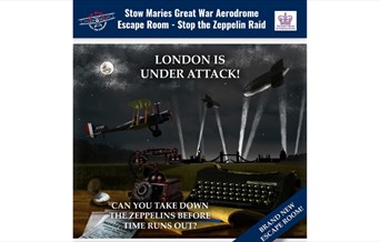 Poster advertising the escape room with a plane and a zeppelin raid with search lights