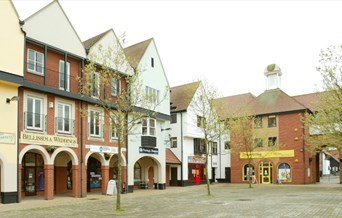 South Woodham Ferrers Town Square with shops and trees in the foreground.