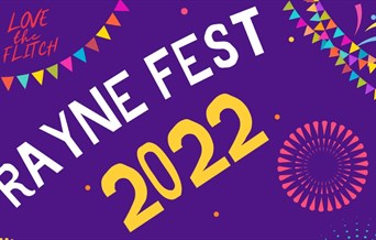 Purple graphic with banner and streamers and fireworks for Rayne Fest 2022