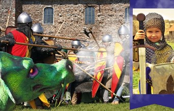 Colchester Castle Under Siege with knights and a dragon.