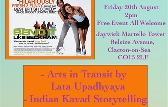Image of Bend it Like Beckham film, description of event with Indian food stalls, storytelling, 2pm start, 20 Aug, Jaywick Martello Tower