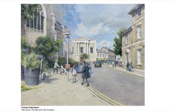 Charles Debenham painting, people walking in the street with a church in the background