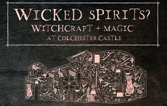 Wicked Spirits? Witchcraft & Magic in Colchester Castle. Graphic of the outline of Colchester Castle filled with symbols connected to witchcraft.