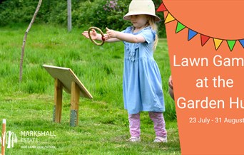 Poster for lawn games at the garden hub showing girl playing with a ring