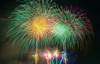 Bright fireworks against a black sky backdrop