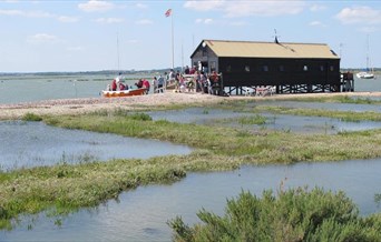 The Packing shed - a brown hut on a small island.