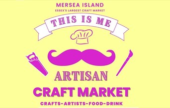 Stylised ilustrations of a chef's hat, saw, painbrush and moustache, in pink on a yellow background. Text with the event details.