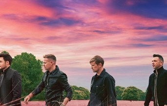 Westlife in front of a pink sky