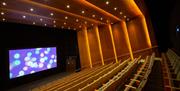 Firstsite cinema, showing rows of theatre style seating leading down to the big screen