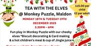 Poster for Tea with the Elves with playful elf hanging upside down from Christmas lights