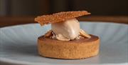 Manjari namelaka tart, salted peanut, peanut nougat, peanut praline ice cream