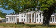 The exterior of Hylands House with people enjoying the front lawn.