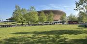 Green space area in front of the iconic Lee Valley VeloPark building