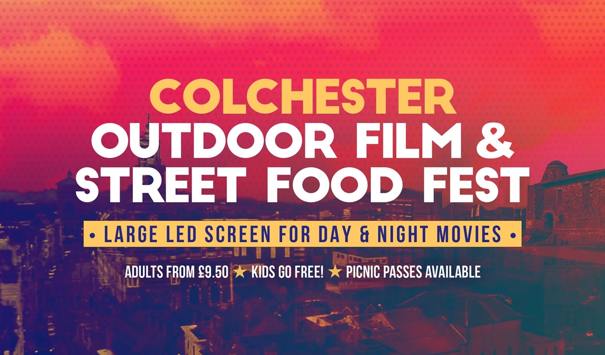 Colchester Outdoor film and street food fest, white writing on a red tinted photograph of castle park