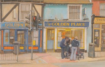 An image of a painting by artist Charles Debenham, a group of people are stood outside of a fish & chip shop on North Station Road Colchester
