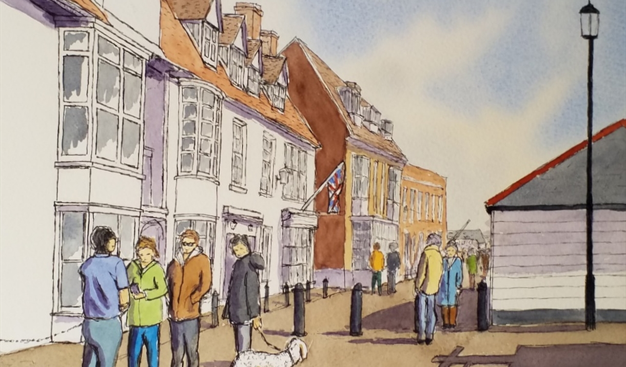 'A busy day on the Quay' line and wash by Mick Ives
