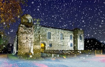A christmassy coasting of snow and snowfall superimposed on an image of Colchester Casle