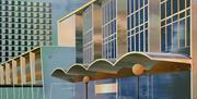 Painting of a group of modernist buildings