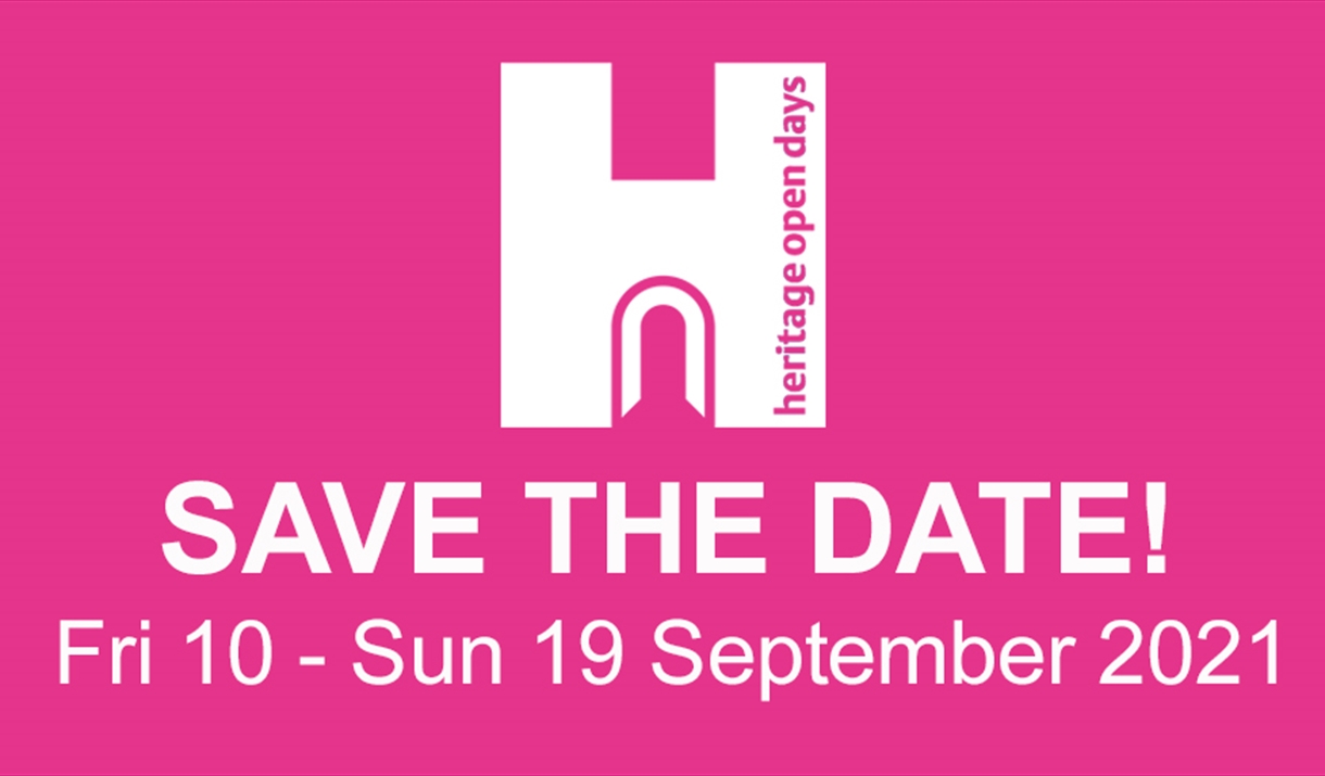 Logo for Heritage Open Days, neon pink background with white text, Save the date Fri 10 - 19 September 2021