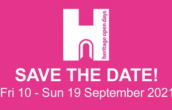 Logo for Heritage Open Days, neon pink background with white text, Save the date Fri 10 - 19 September 2021