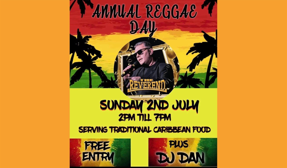 Poster for Reggae Day in bright red and yello