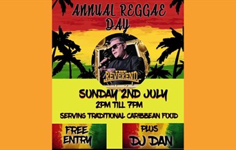 Poster for Reggae Day in bright red and yello