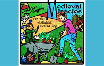 In the style of a stained glass window, man gardening surrounding by devils, with words Medieval Miracles