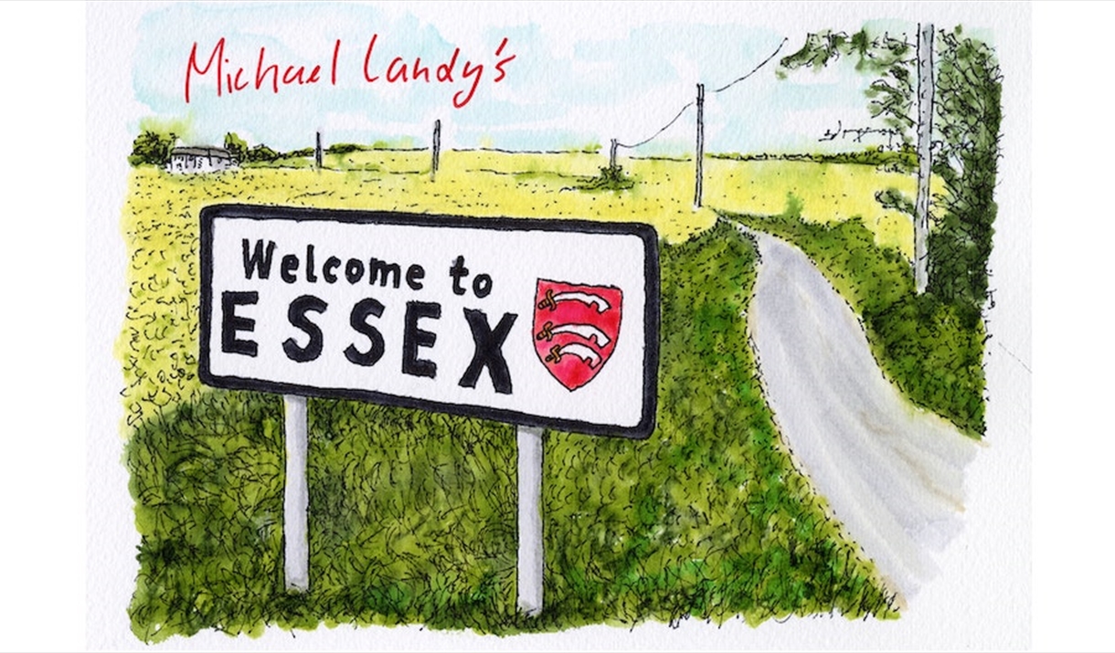 Michael Landy's Welcome to Essex sign on country road. Ink on paper drawing