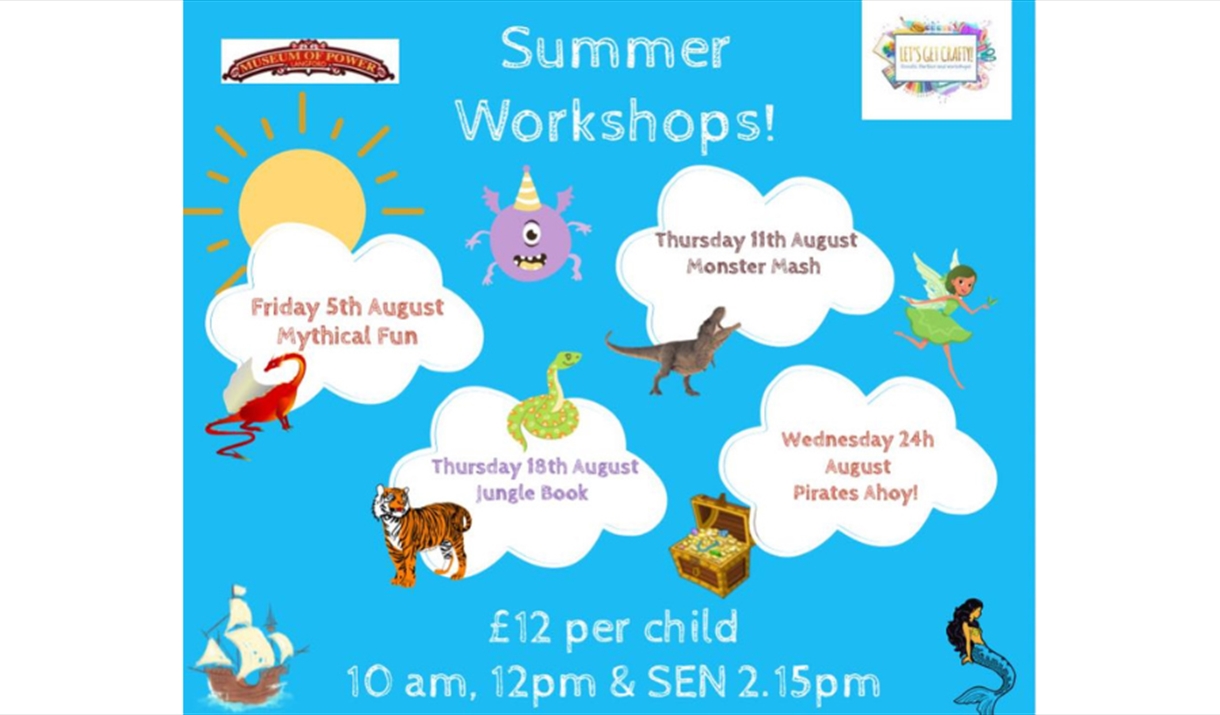 Summer workshops poster with cartoon clouds, sun, tiger, treasure chest and a mermaid