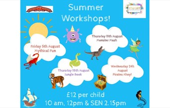 Summer workshops poster with cartoon clouds, sun, tiger, treasure chest and a mermaid