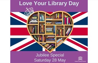 Heart shaped bookcase filled with books, topped with a crown on a union jack