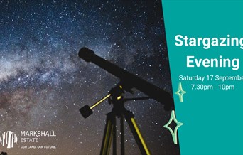 Stargazing poster with telescope in foreground against a star lit sky